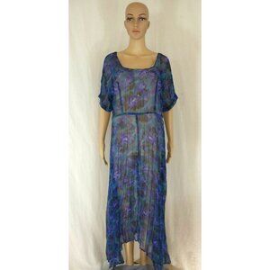 Vintage Blue Watercolor Floral Sheer Midi Dress by Dona Jean Womens One Size